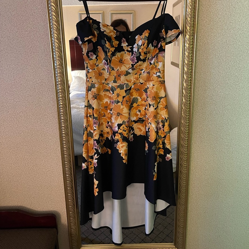 Size 8 black and yellow off the shoulder dress
